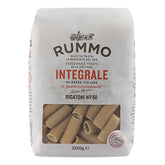 A 500g bag of Rummo - Wholewheat Rigatoni No.50, made from Italian whole wheat for extra fibre and nutrition, with product info and a window to view the pasta.